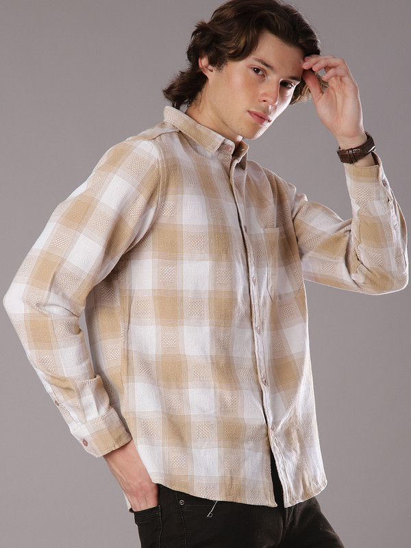 V-MART Men Checkered Casual Beige Shirt