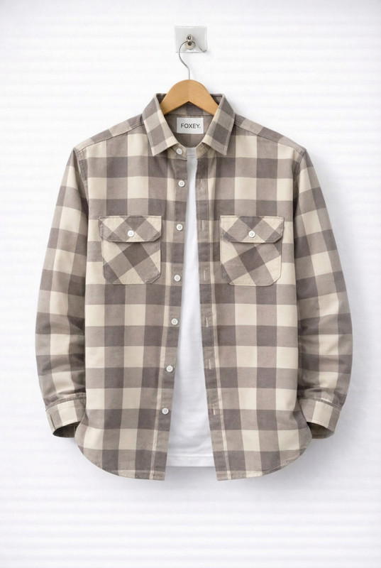 FOXEY Men Checkered Casual Beige Shirt