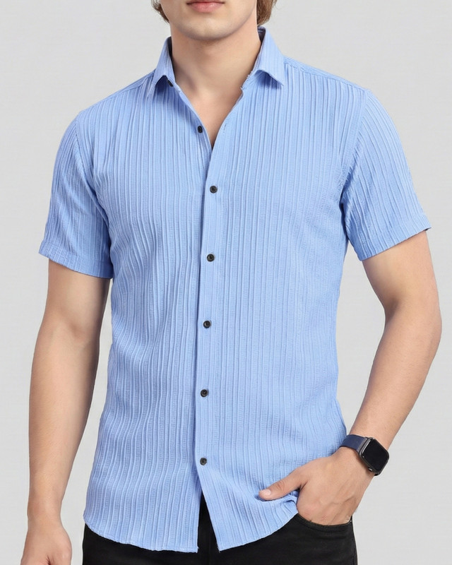 NIVICK Men Self Design Casual Light Blue Shirt