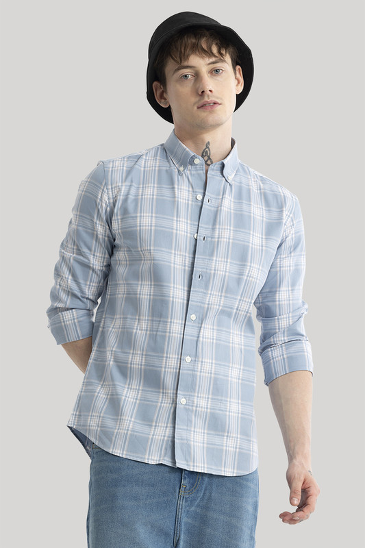 Snitch Men Checkered Casual Light Blue Shirt