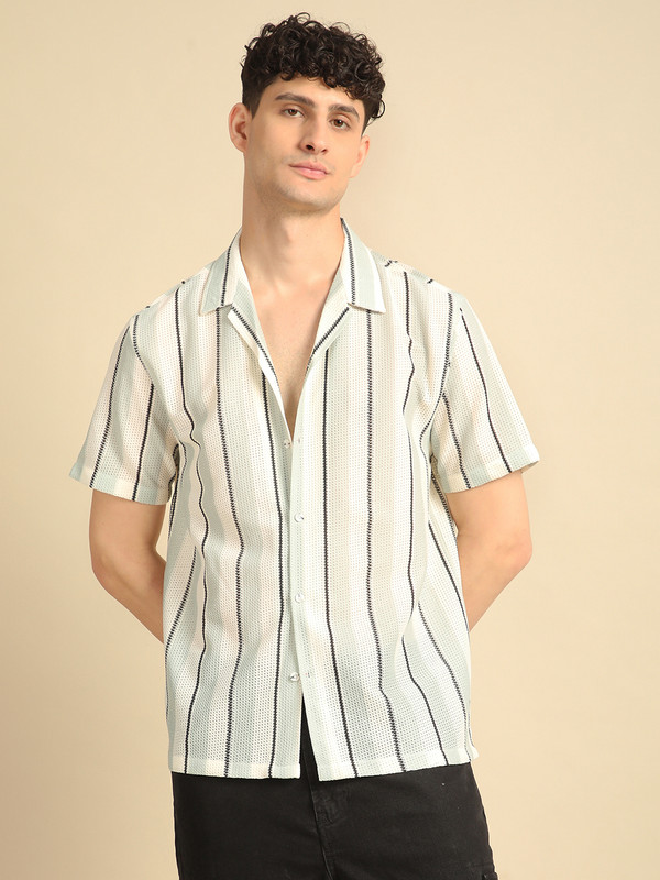 Voroxy Men Self Design Casual Beige Shirt