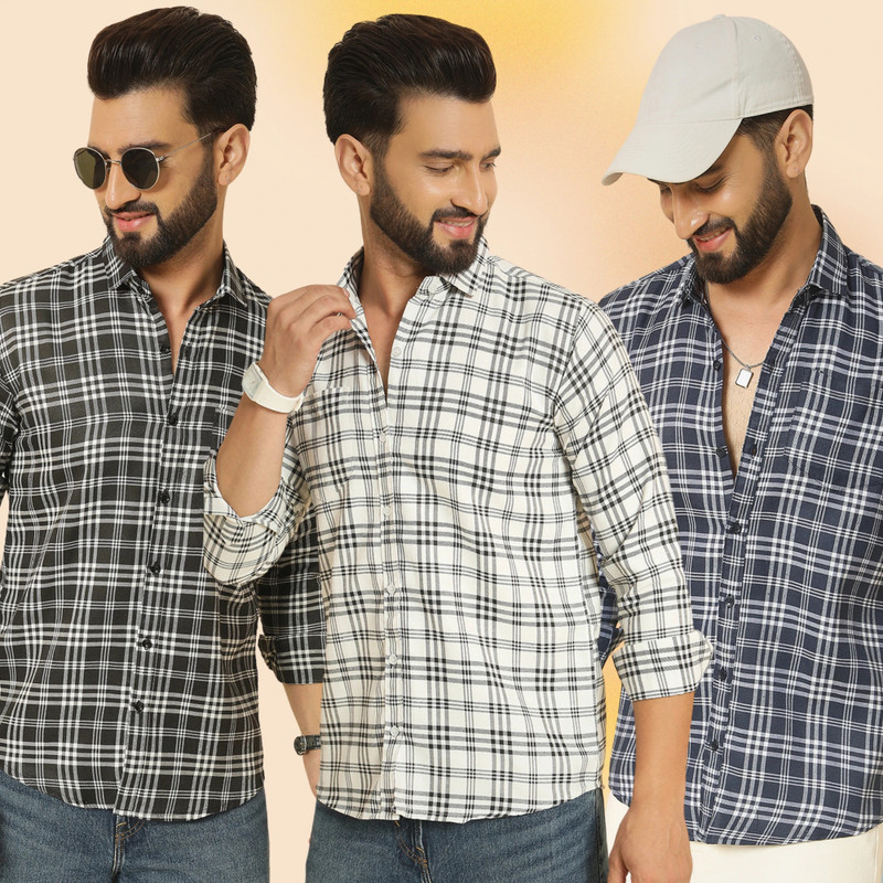 youth first Men Checkered Casual Black, White, Blue Shirt(Pack of 3)