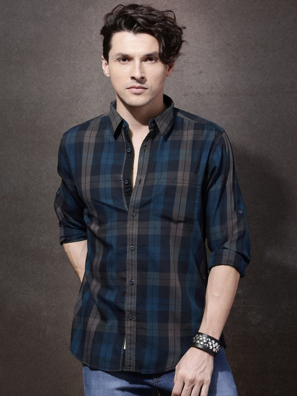 Roadster Men Checkered Casual Dark Blue, Grey Shirt - 79% off at DetectaDeal