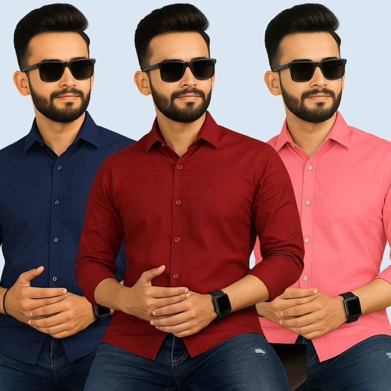 youth first Men Solid Casual Dark Blue, Maroon, Pink Shirt(Pack of 3)
