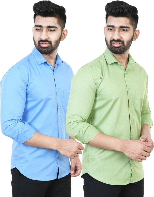 Feel high Men Solid Casual Blue, Light Green Shirt(Pack of 2)