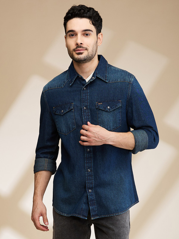 BEING HUMAN Men Solid Casual Dark Blue Shirt