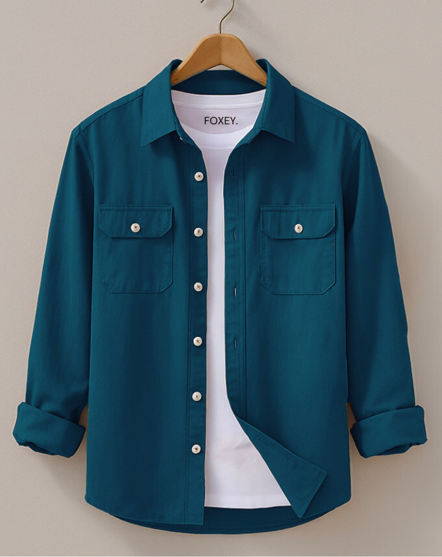 FOXEY Men Solid Casual Dark Green Shirt