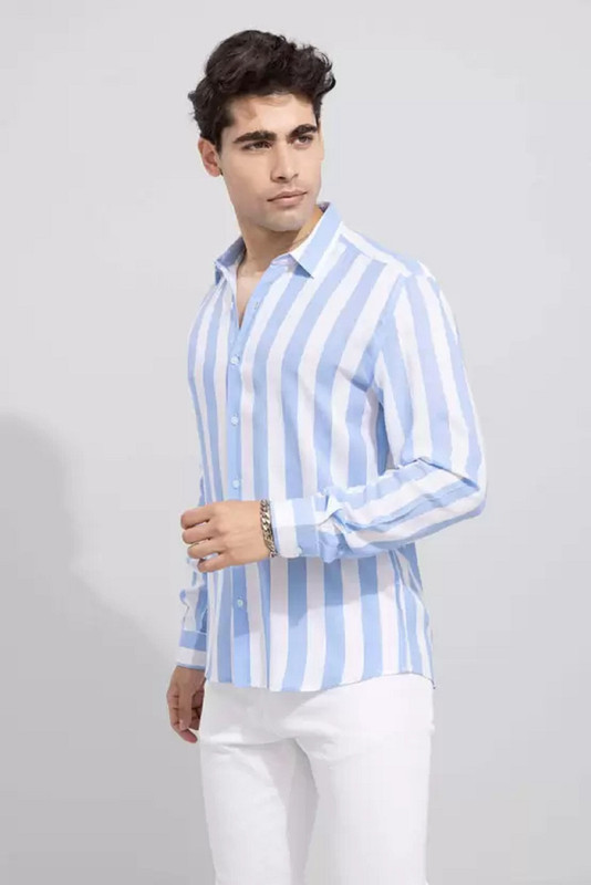 HouseOfCommon Men Solid, Striped Casual White, Grey Shirt
