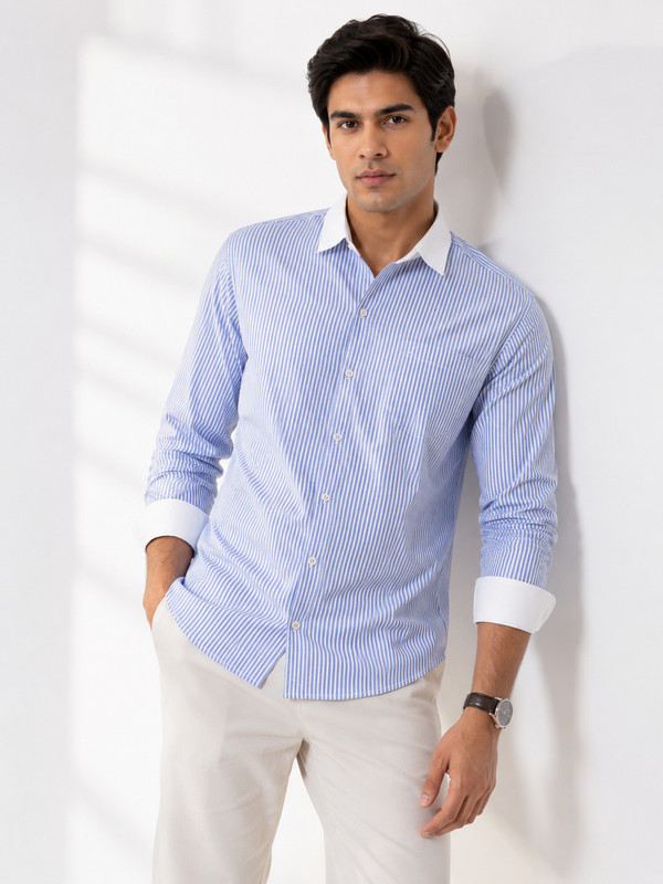 Lyphy Men Striped Casual Blue, White Shirt