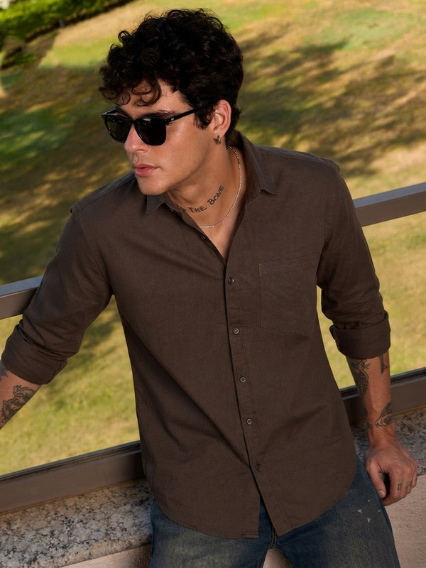 Roadster Men Solid Casual Brown Shirt