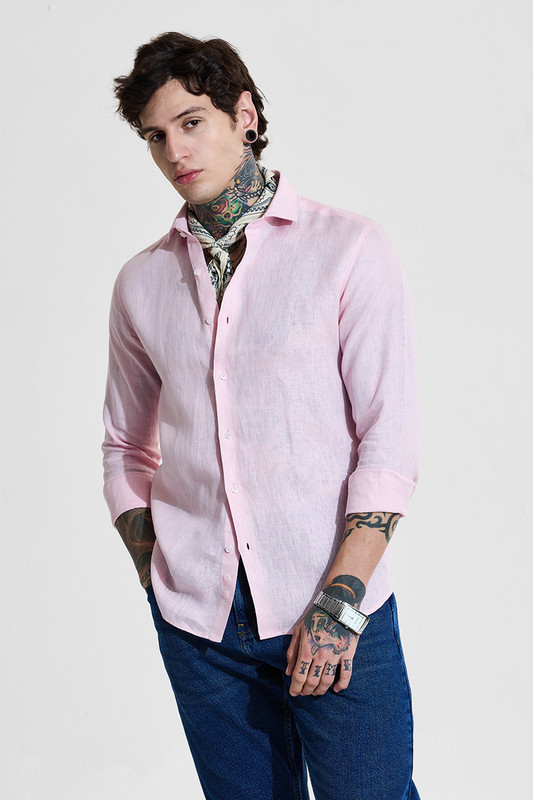 Snitch Men Solid Casual Pink Shirt