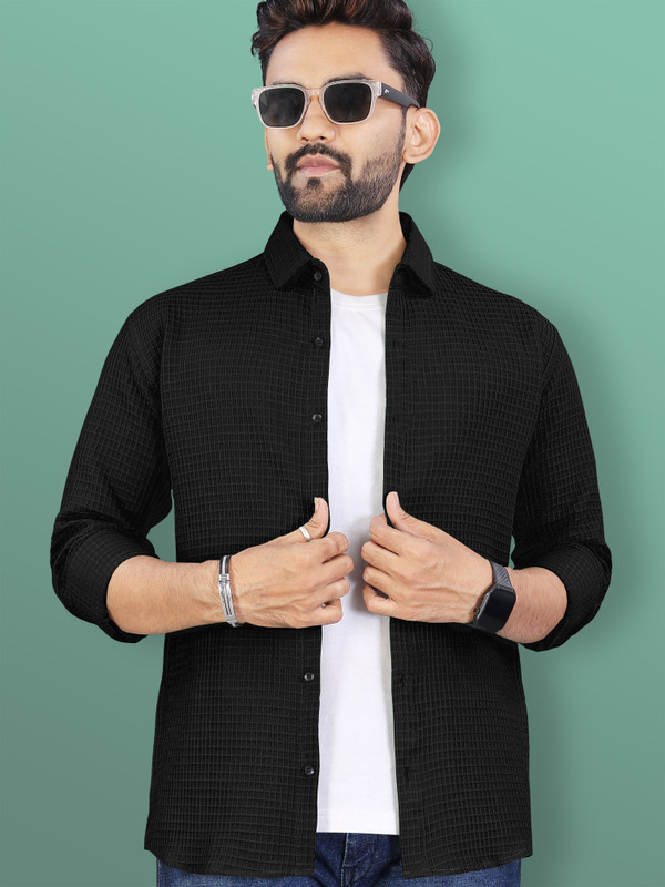 VeBNoR Men Self Design Casual Black Shirt