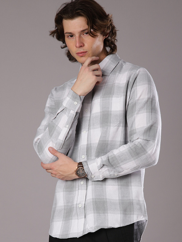 V-MART Men Checkered Casual Grey Shirt
