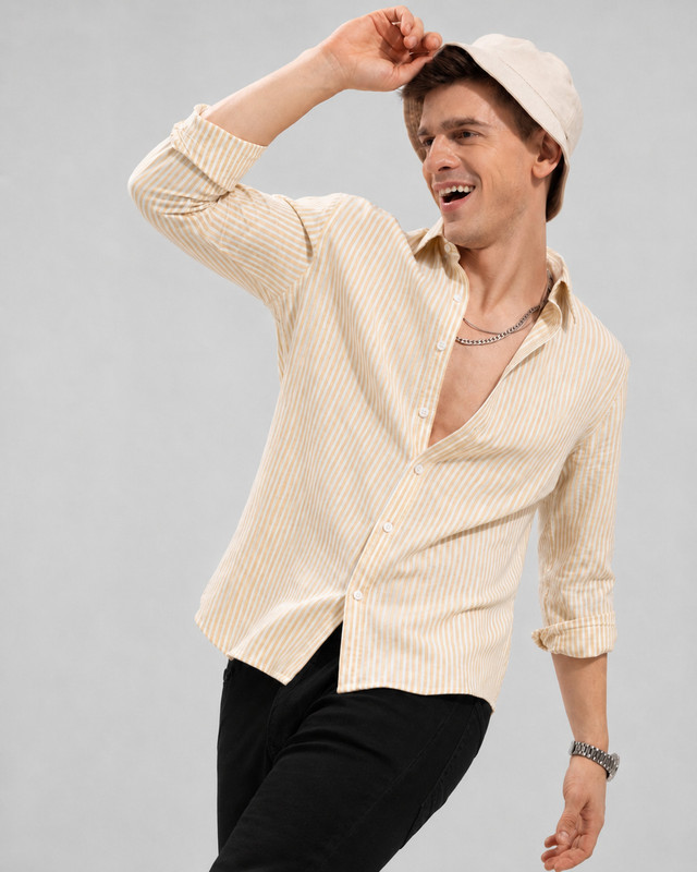Lyphy Men Striped Casual Orange, White Shirt