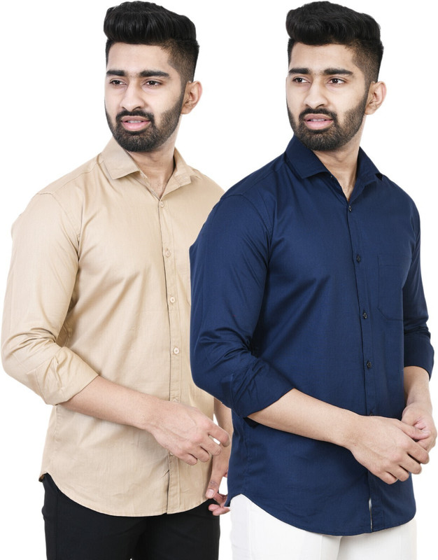 Feel high Men Solid Casual Dark Blue, Cream Shirt(Pack of 2)