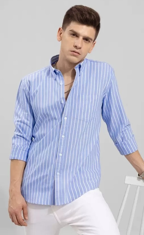 RODEIZ Men Striped Casual Light Blue Shirt