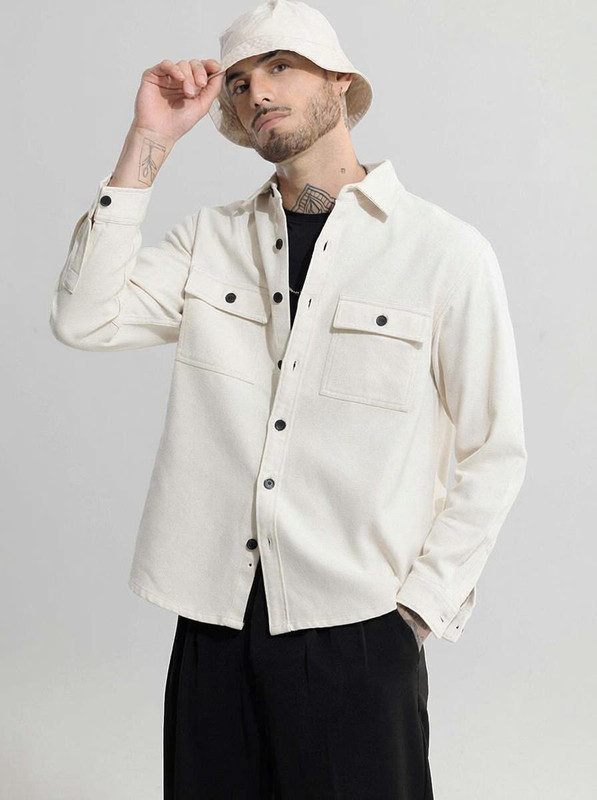 Snitch Men Solid Casual Cream Shirt