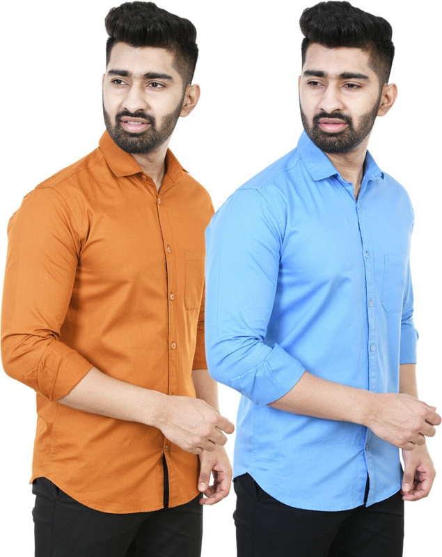 Feel high Men Solid Casual Brown, Blue Shirt(Pack of 2)