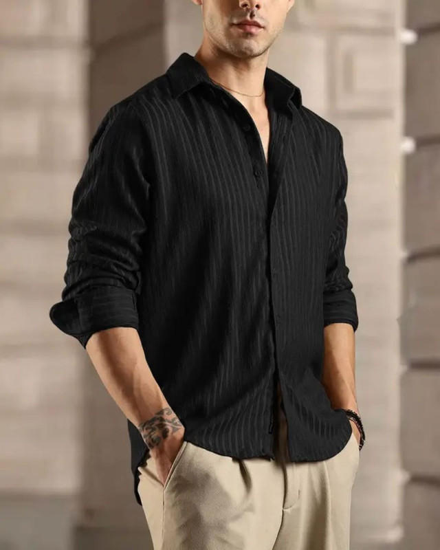 Tyzlo Men Self Design Casual Black Shirt