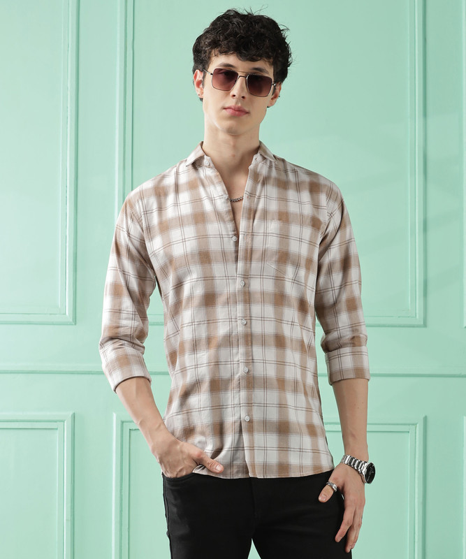 WOXEN Men Checkered Casual Brown Shirt