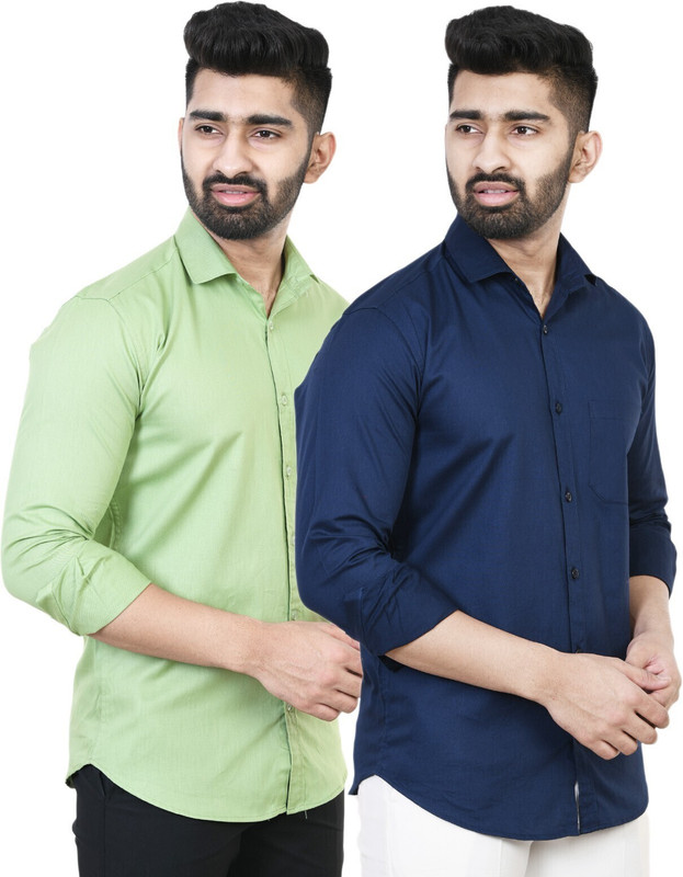 Feel high Men Solid Casual Dark Blue, Green Shirt(Pack of 2)
