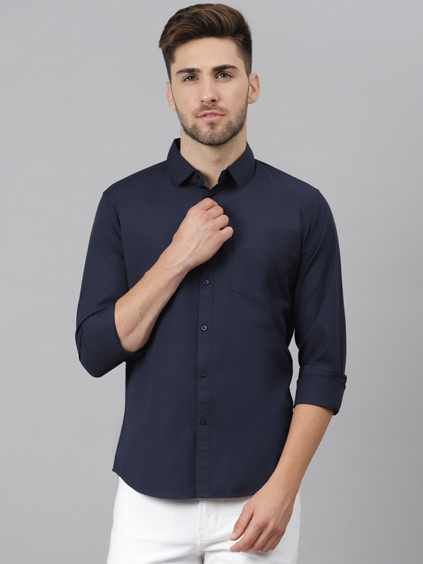Dennis Lingo Men Solid Casual Dark Blue Shirt