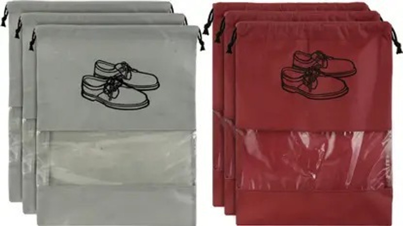 VAIDRAJ Travel Shoe Pouch for Travelling Pack of 6 Shoe Cover for Travel 15_6 Polyester, Plastic Maroon, GREY Boots Shoe Cover, High Ankle Shoe Cover, High Heeled Shoe Cover, Toes Shoe Cover(43CM X 30CM Pack of 6)