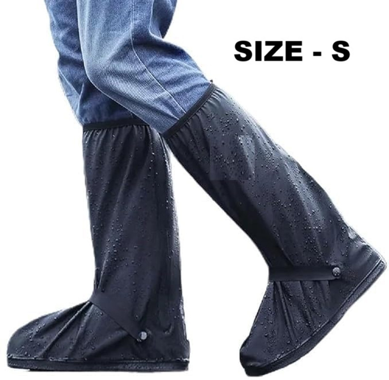 Hybrid Motors Waterproof Rain Shoe Cover Non-slip High-tube Water Shoes Silicone Rain Boots, S Polyester BLACK Boots Shoe Cover, Flat Shoe Cover, High Ankle Shoe Cover(free Size Pack of 2)