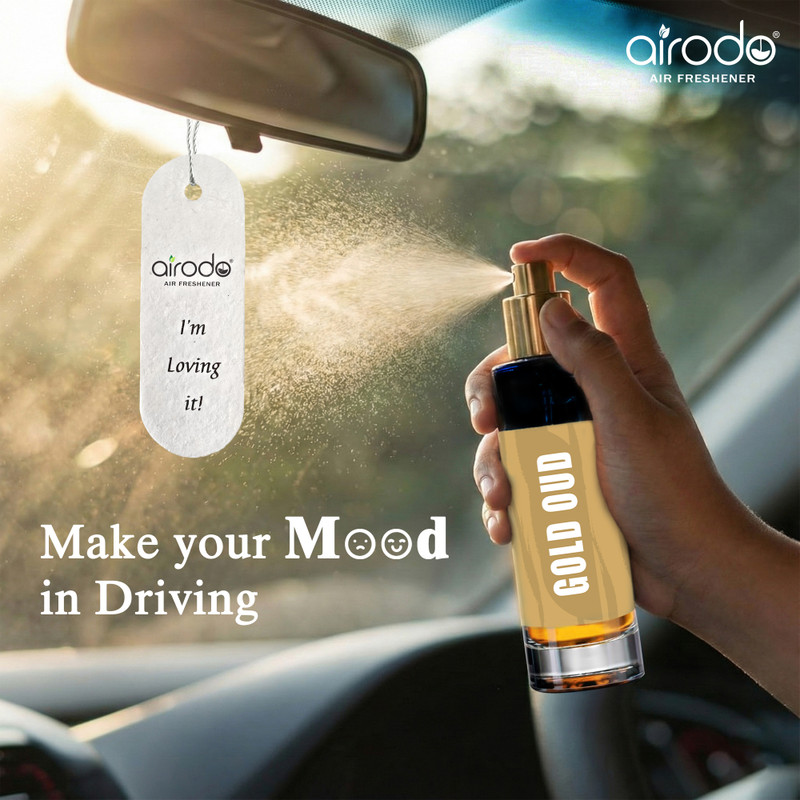 AIRODO Gold Oud Car Air Freshener Spray with Hanging Card | Long-Lasting Car Perfume| Car Freshener Spray 200+ Sprays | Luxury Fragrance for Car Interior | Travel-Friendly | Pack of 1(30 ml)