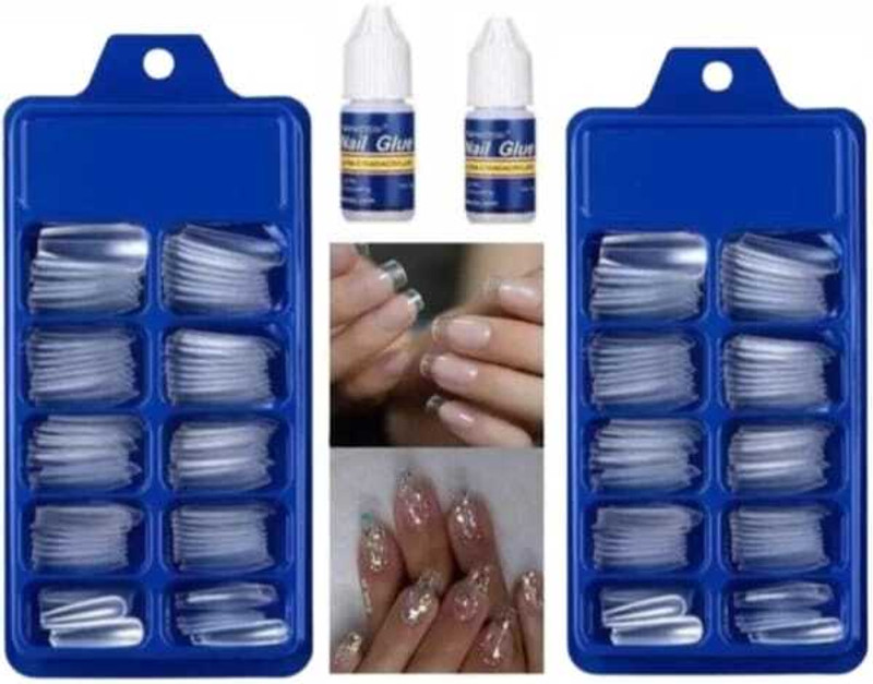 Dexklut Artificial Transparent 200 Pieces Reusable Fake Nail Tips With Nail Glue Transparent(Pack of 200)