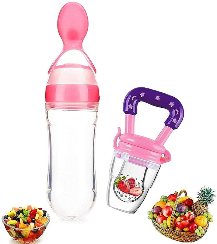 Vadhavan 90ML Newborn Baby Feeding Bottle Silicone Squeeze Feeding Spoon and Fruit feeder  - Silicone(Multicolor)