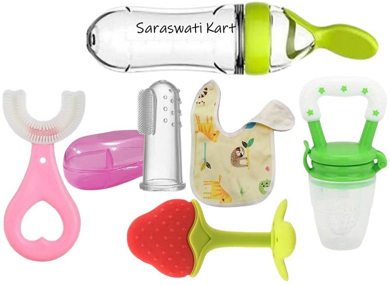 Kidsy Zilla baby fruit nibbler, teether, finger brush, bib, u shape brush & spoon feeding(Green)