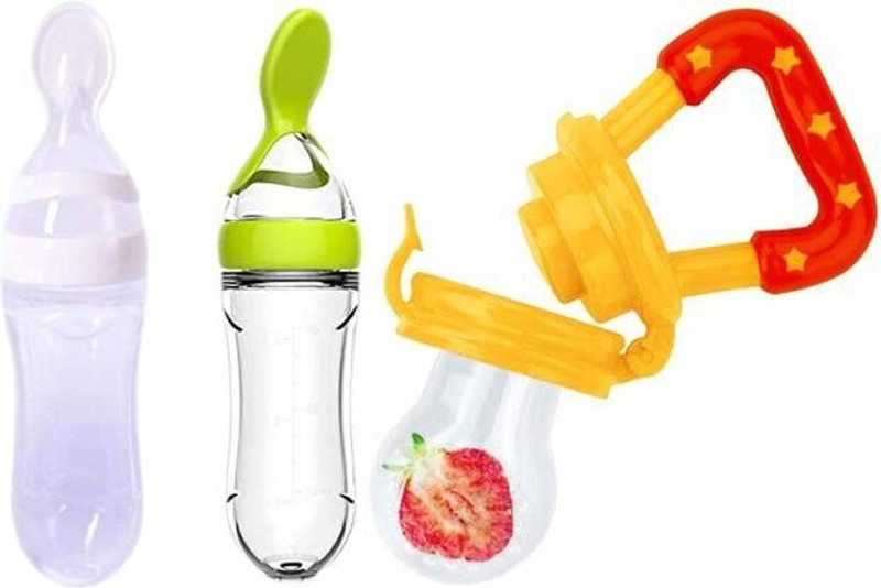 SS Sales Squeezy Food Grade Silicone Bottle Feeder & Silicone Food Fruit Pacifier/Nibbler/Soother for Babies/Kids/Children (Squeezy Feeder 'White Green'' + Pacifier 'Yellow') (Pack of 3) - Silicone - SILICONE (Green, Yellow, White ) Buy 2 Spoon feeder Get 1 Fruit feeder Free  - SILICONE(White, Green