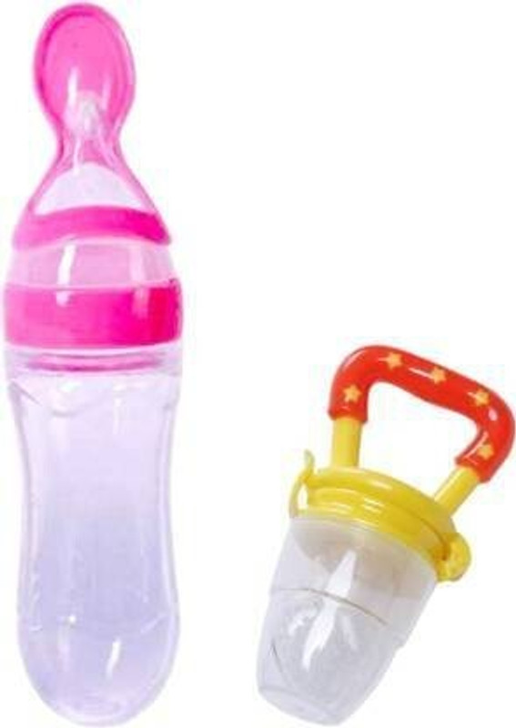 SS Sales Squeezy Food Grade Silicone Bottle Feeder & Silicone Food Fruit Pacifier/Nibbler/Soother for Babies/Kids/Children (Squeezy Feeder 'Pink' + Pacifier 'Yellow') (Pack of 2) - Silicone (Pink & Yellow)  - SILICONE(Pink, Yellow, Red)