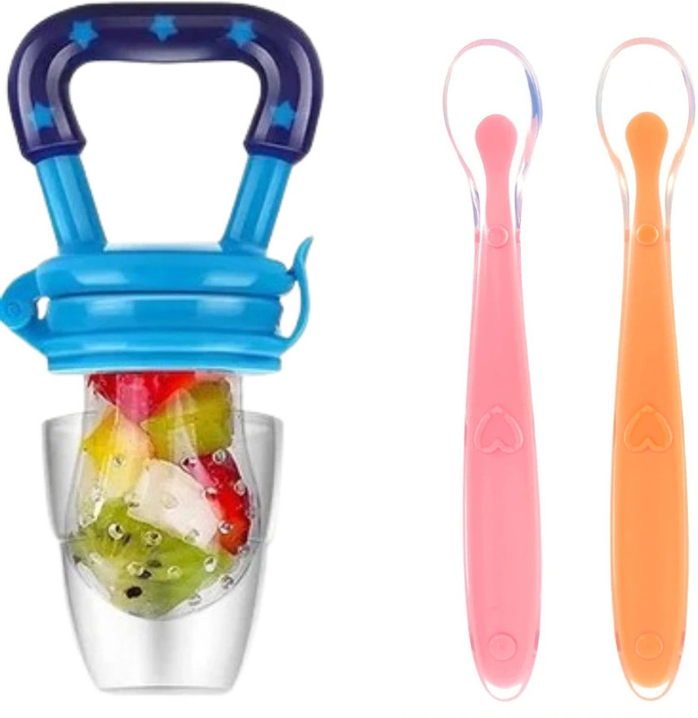 Millionminds 2pcs Baby Feeding Spoons & Teether for Kids Fruit Food Feeder (Combo Pack of 3) - 100% Silicone Tip, BPA Free material with Food Grade Silicone tip(Multicolor)