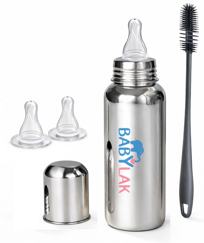 babylak Steel Baby Feeding Bottle with Cleaning Brush & 2 Extra Silicone Nipples - 250 ml(Silver)