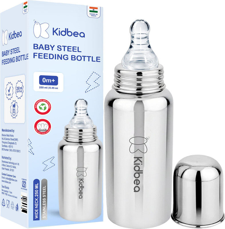 KIdbea Baby Feeding Bottle, BPA Free, Anti-Colic, Plastic-Free, Medium-Flow Nipple - 250 ml(Silver)
