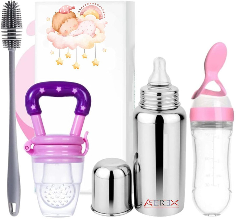 AEREX Stainless Steel Feeding Bottle Fruit Nibbler Spoon Feeder & Cleaning Brush - 100 ml(Pink)