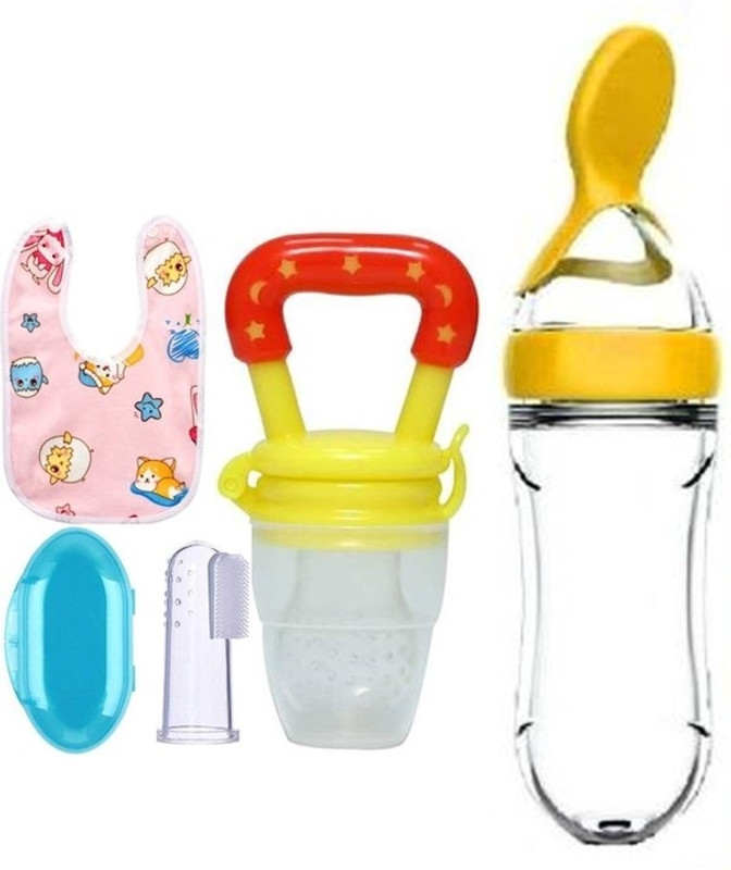 Saraswati kart Baby fruit nibbler, finger brush, bibs & spoon feeder for feeding silicone combo(Yellow)