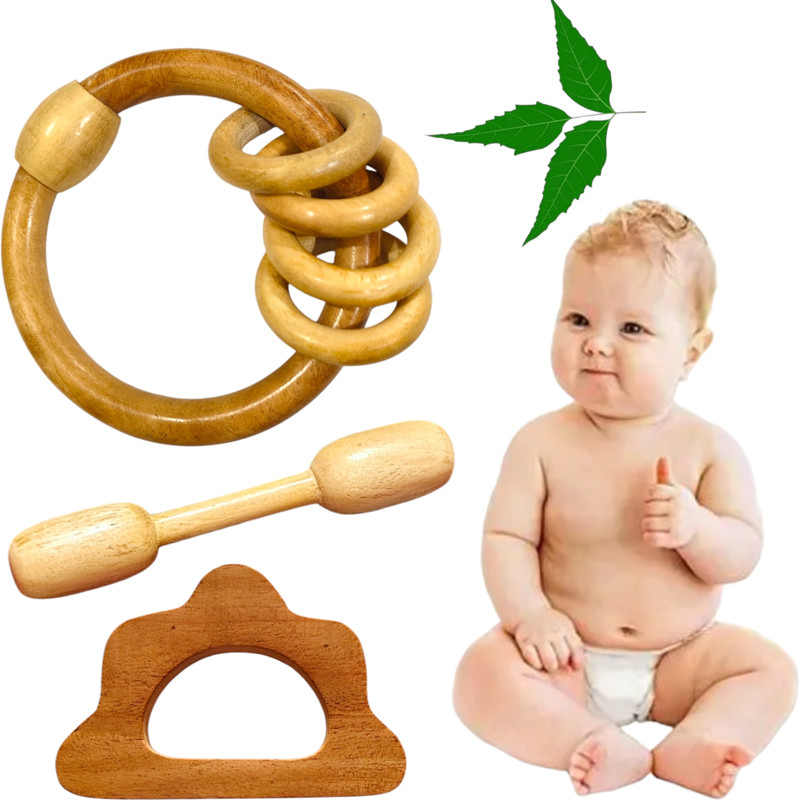 Shreeja Shilpcraft Natural Neem Wood Ring Inside Ring Rattle with 3 other teething toys shape Rattle(Brown)