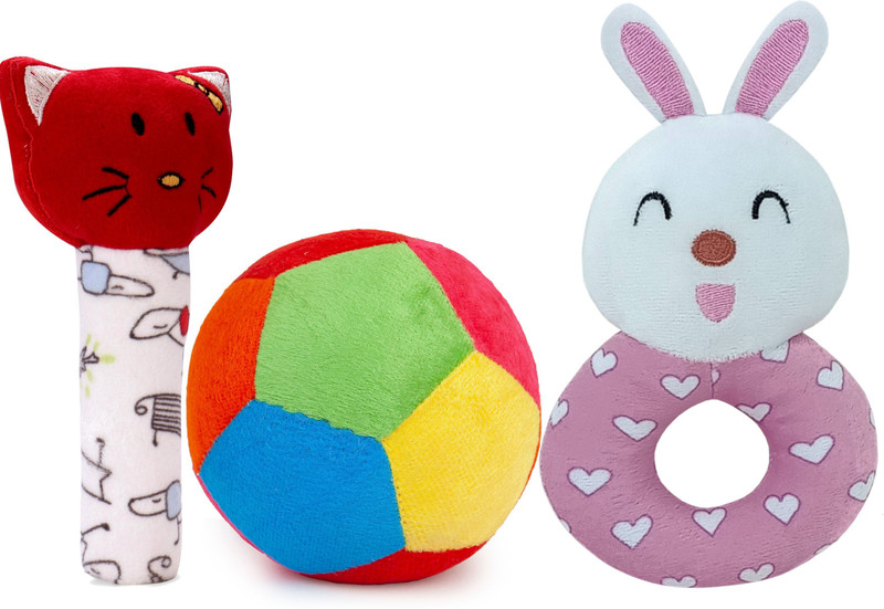 SnugglePuff Super Saver Soft Toy Combo (3-in-1): Kitty Rattle, Bunny Rattle & 11cm Ball Rattle(Multicolor)