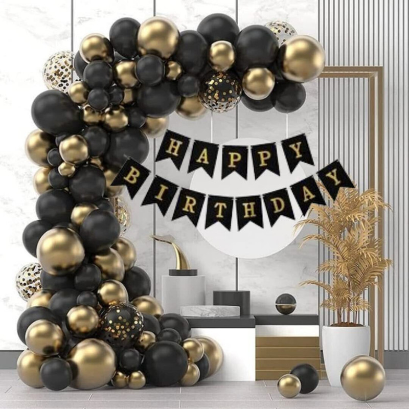 PARTY MIDLINKERZ Solid Golden & Black Birthday Decoration Items Set Kit with Pump for Boys, Girls Balloon(Multicolor, Pack of 69)