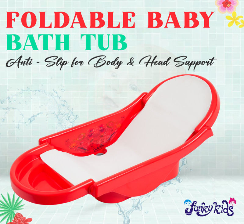 Funky Kids Anti Slip Foldable Baby Bath Tub with Smooth Rubber & Comfortable Design(Red)