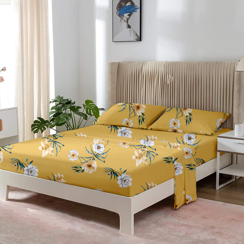 MeckHome Culture Cotton Double Flat 210 TC Floral 1 Bedsheet with 2 Pillow Covers(Gold Yellow Flowrel)