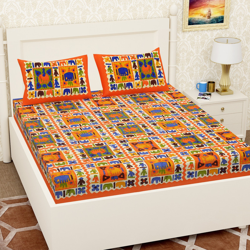 RIYA FABRICS Cotton Double Flat 140 TC Jaipuri Prints 1 Bedsheet with 2 Pillow Covers(Orange)