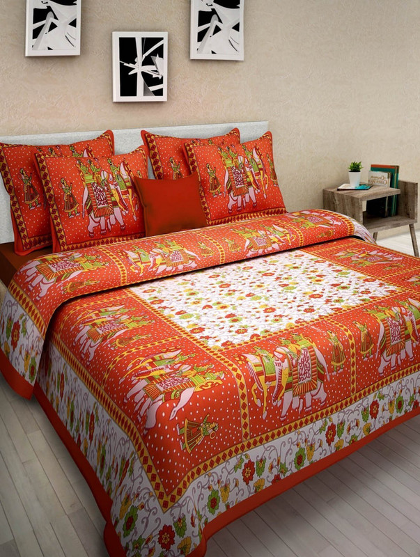 S R Enterprises Cotton Queen Flat 141 TC Jaipuri Prints 1 Bedsheet with 2 Pillow Covers(Multicolor)