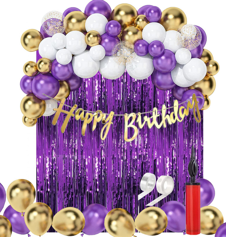 R G ACCESSORIES Golden Purple White Balloons, Happy Birthday Banner Decoration Kit (Pack Of 67)(Set of 67)