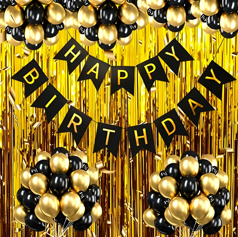 CHAROME Happy Birthday Golden Banner 13 letter 2 Pcs GOLD Curtains 20 Pcs Gold Black(Set of 36)