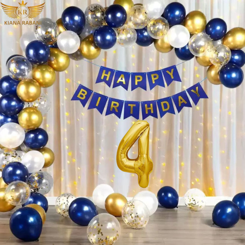 KR 4th Birthday Decoration Kit Blue White Golden Balloon Net Curtain & light(Set of 47)