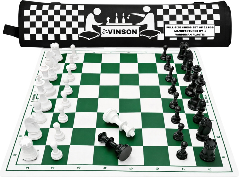 Vinsonsports 17x17 FIDE Tournament Chess Set with Vinyl Roll-up Mat, 32 Pieces,2 Queens & Bag Board Game Accessories